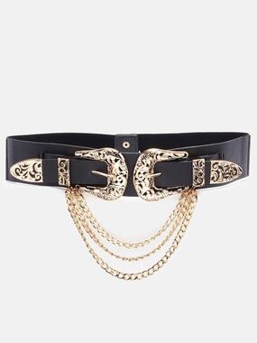 Black Wide Belt with Gold Filigree Double Buckles and Chain